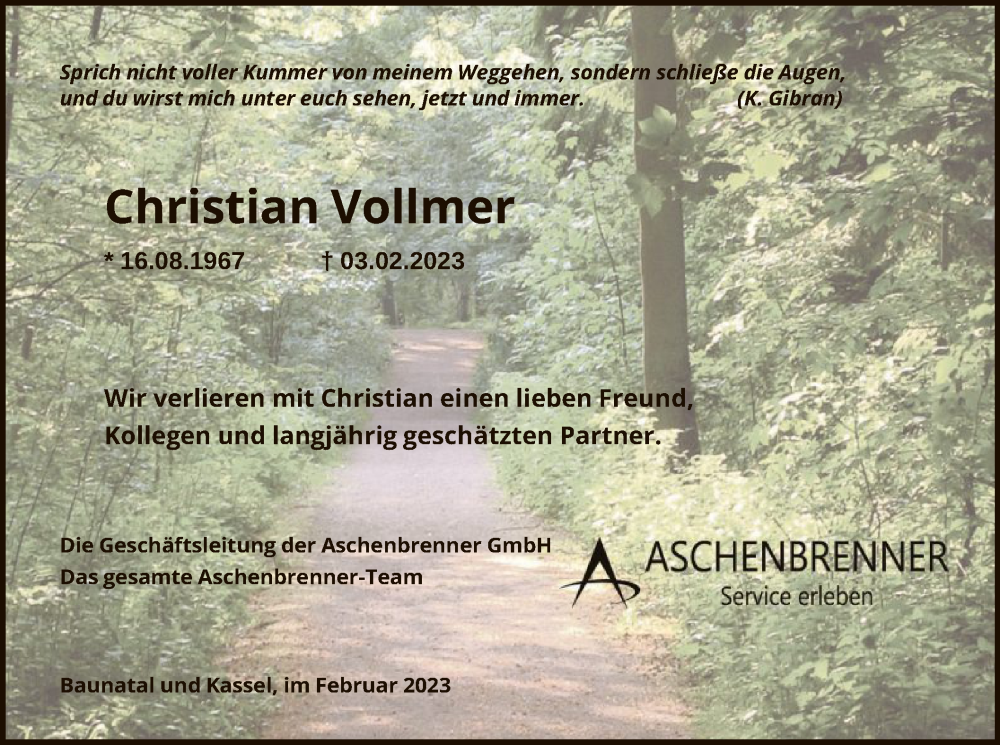 Traueranzeigen Von Christian Vollmer Trauer HNA De