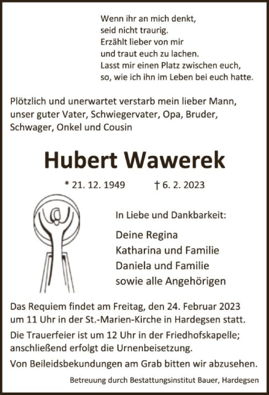 Traueranzeigen Von Hubert Wawerek Trauer Hna De