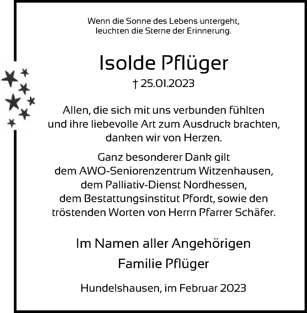 Traueranzeigen von Isolde Pflüger Trauer HNA de