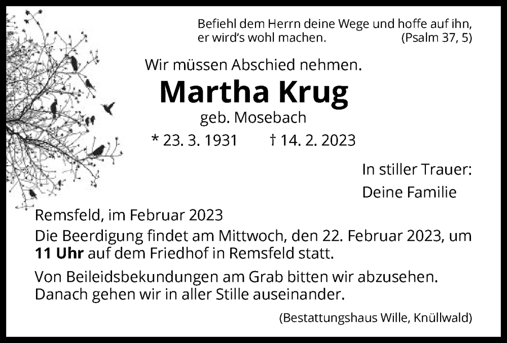 Traueranzeigen Von Martha Krug Trauer HNA De