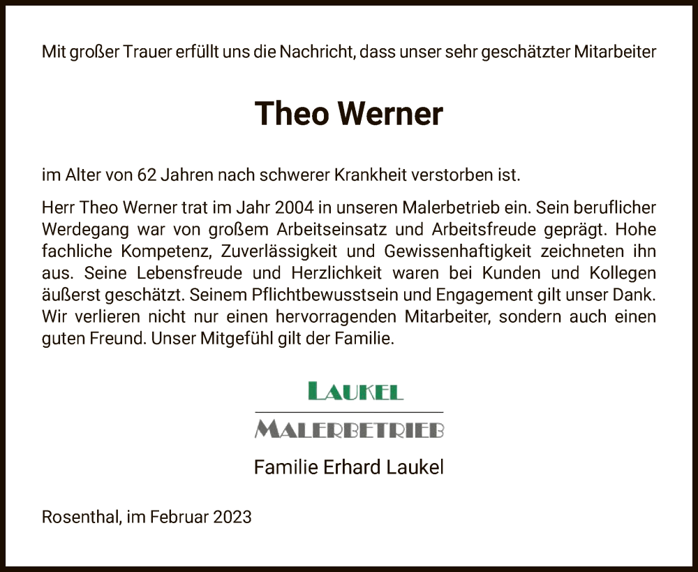 Traueranzeigen Von Theo Werner Trauer Hna De