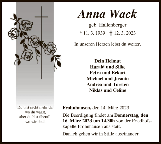 Traueranzeigen Von Anna Wack Trauer Hna De