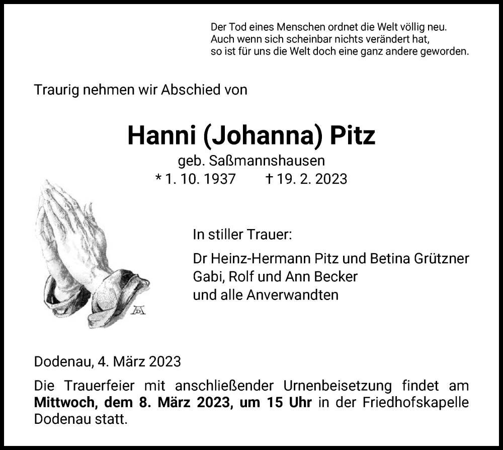 Traueranzeigen Von Hanni Pitz Trauer HNA De