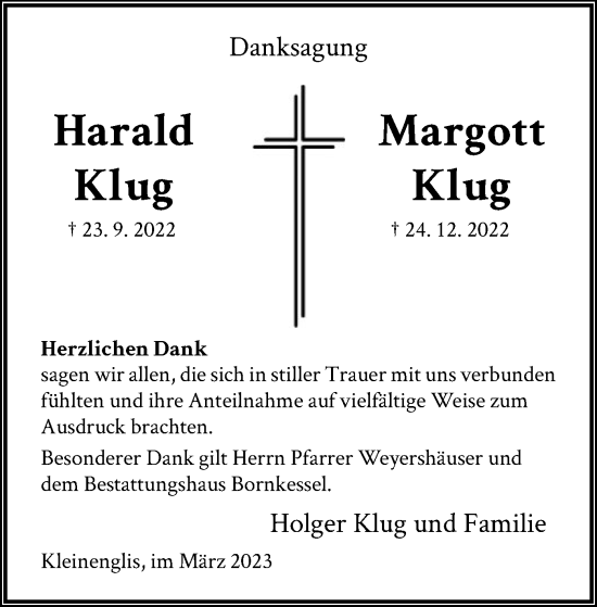 Traueranzeige von Harald und Margott Klug von HNA