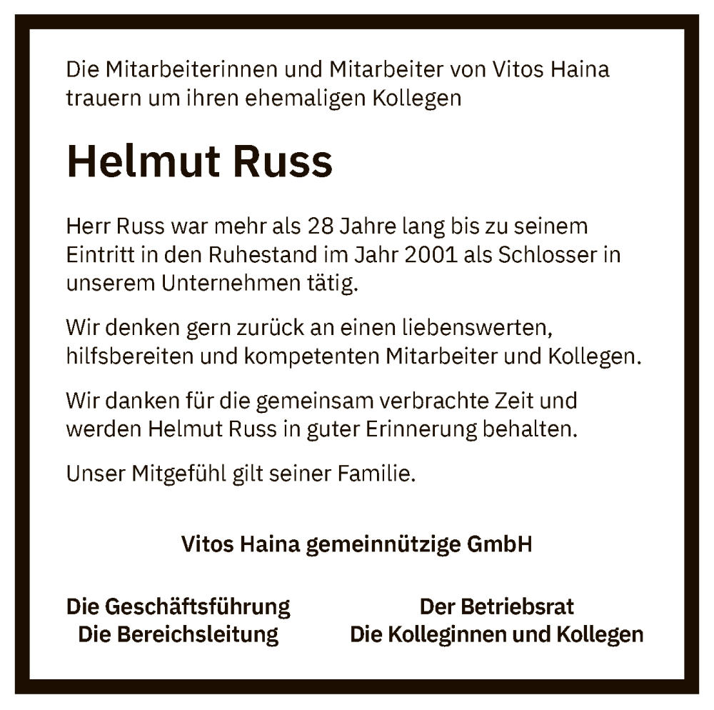 Traueranzeigen Von Helmut Russ Trauer HNA De