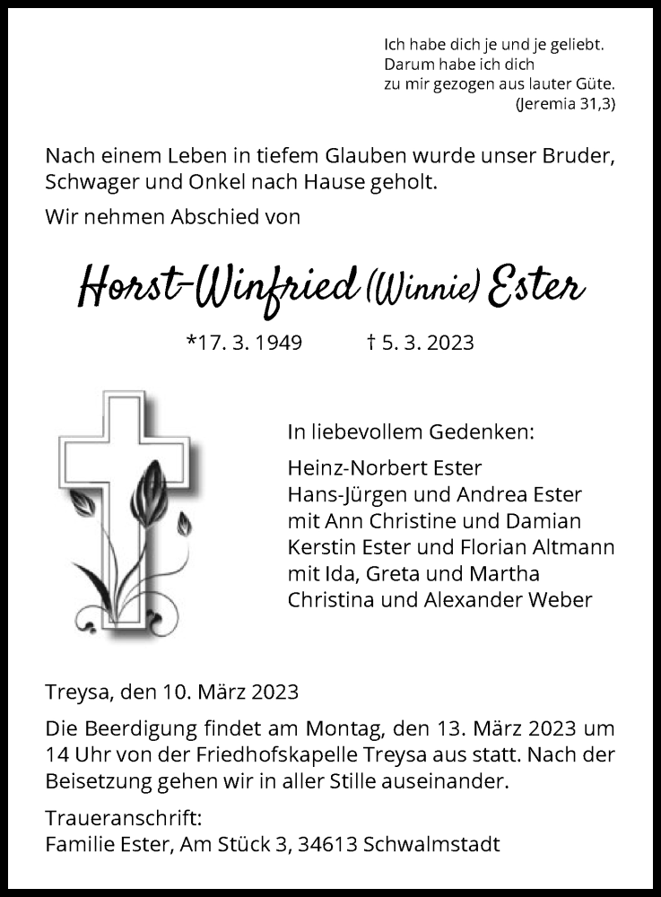 Traueranzeigen Von Horst Winfried Ester Trauer Hna De