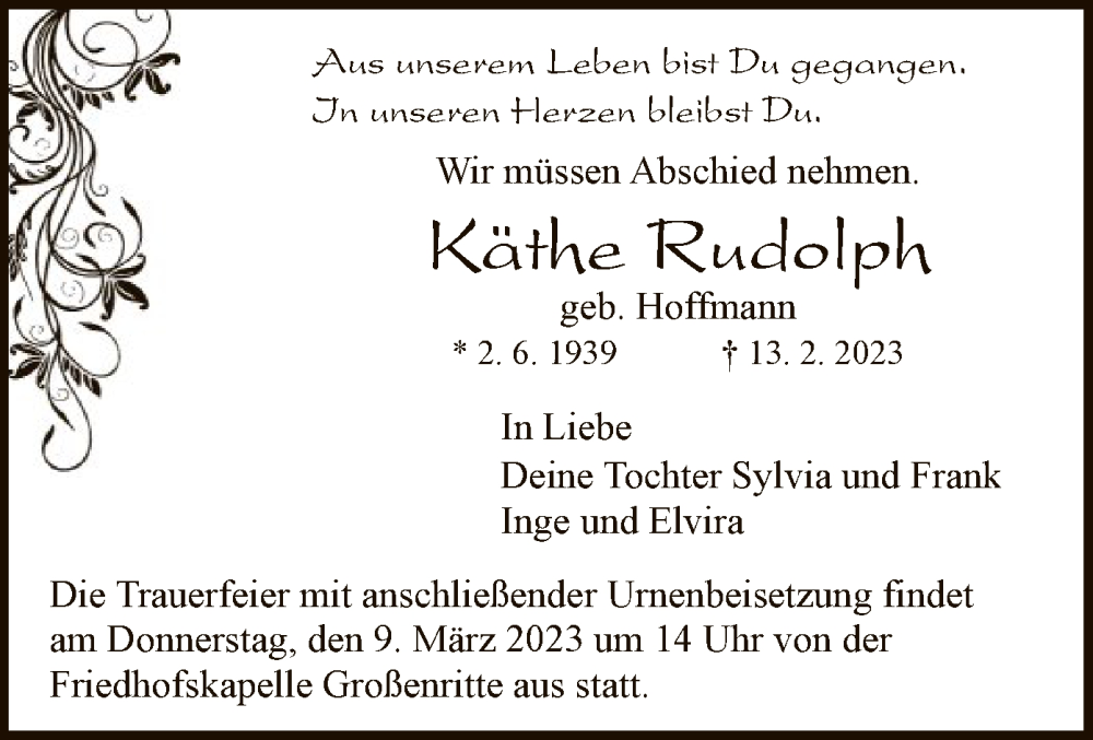 Traueranzeigen von Käthe Rudolph Trauer HNA de