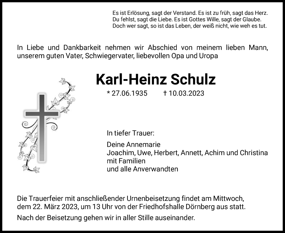 Traueranzeigen Von Karl Heinz Schulz Trauer Hna De