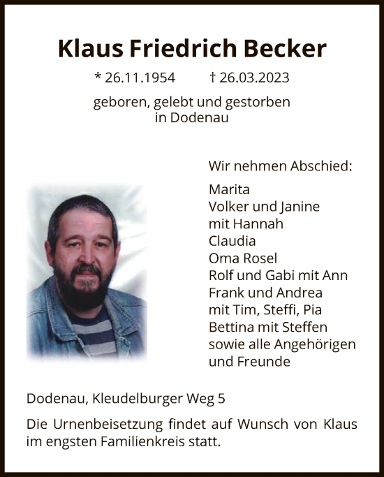 Traueranzeigen Von Klaus Friedrich Becker Trauer Hna De