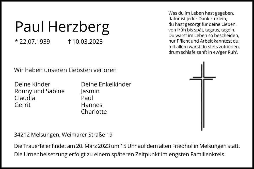 Traueranzeigen Von Paul Herzberg Trauer HNA De