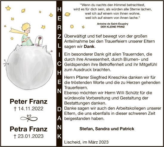 Traueranzeige von Peter und Petra Franz von HNA