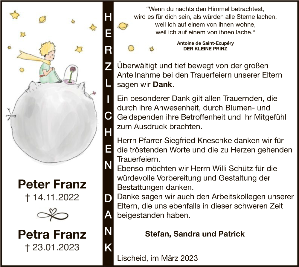 Traueranzeigen Von Peter Und Petra Franz Trauer Hna De