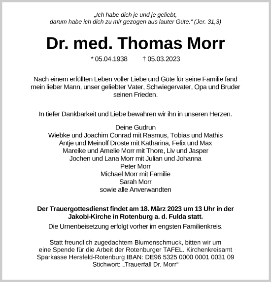 Traueranzeigen Von Thomas Morr Trauer HNA De