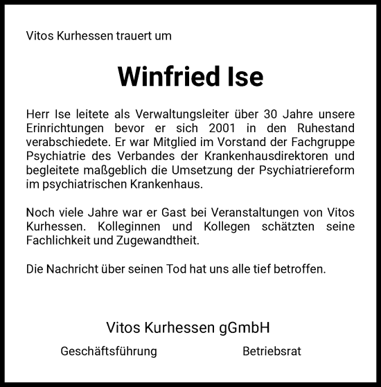 Traueranzeigen Von Winfried Ise Trauer Hna De