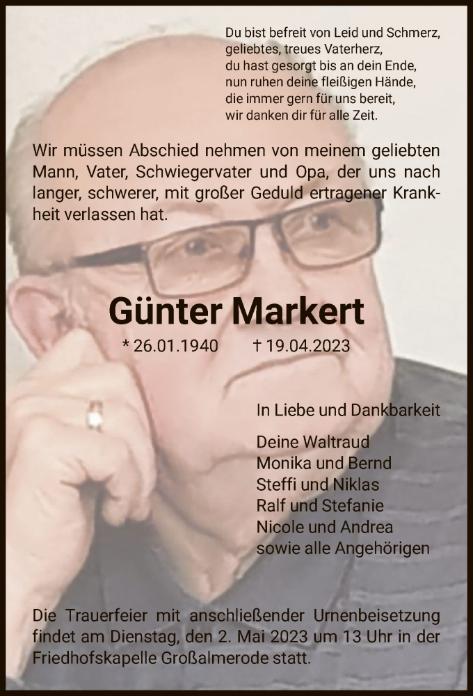 Traueranzeigen von Günter Markert Trauer HNA de