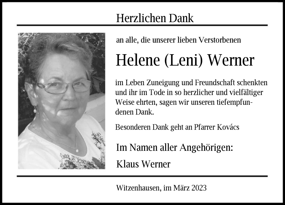 Traueranzeigen Von Helene Werner Trauer Hna De