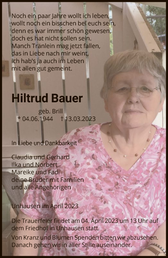 Traueranzeigen Von Hiltrud Bauer Trauer HNA De