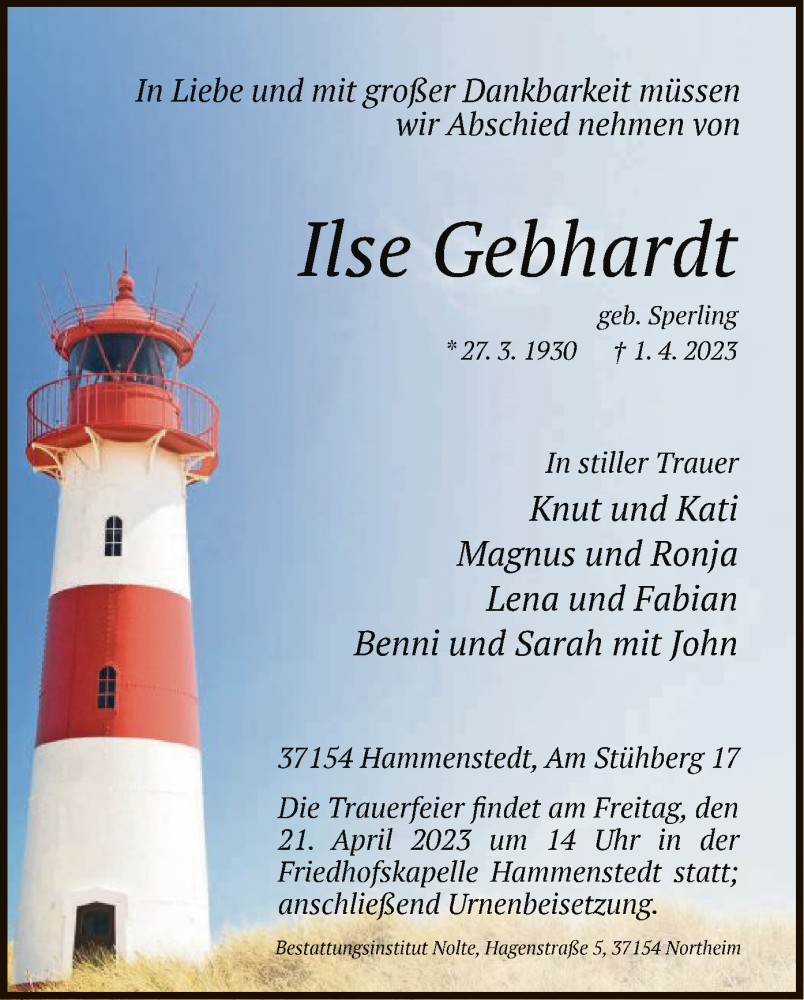 Traueranzeigen Von Ilse Gebhardt Trauer Hna De