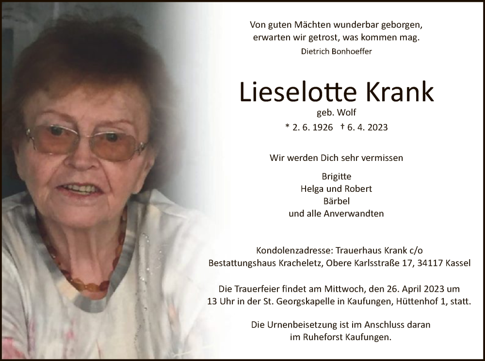 Traueranzeigen Von Lieselotte Krank Trauer HNA De