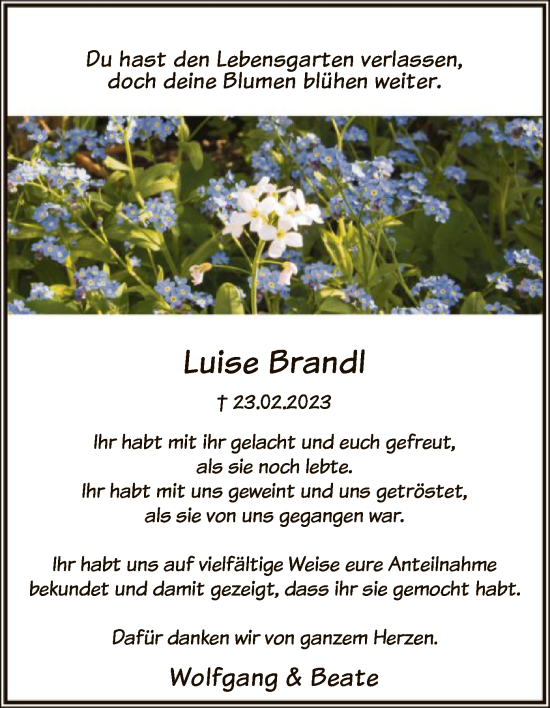 Traueranzeigen Von Luise Brandl Trauer HNA De