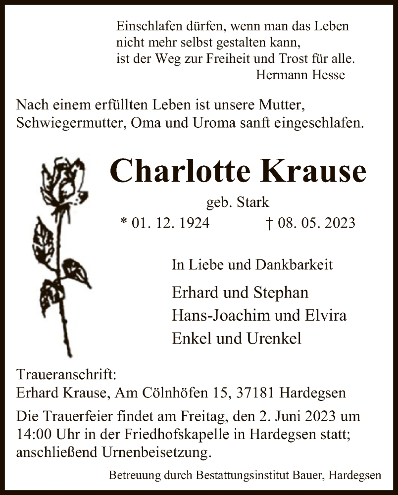 Traueranzeigen Von Charlotte Krause Trauer Hna De