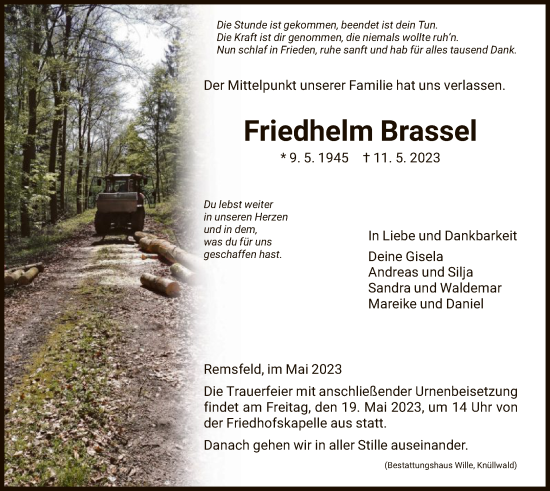 Traueranzeigen Von Friedhelm Brassel Trauer HNA De