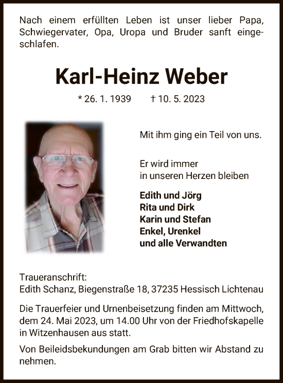 Traueranzeigen Von Karl Heinz Weber Trauer Hna De