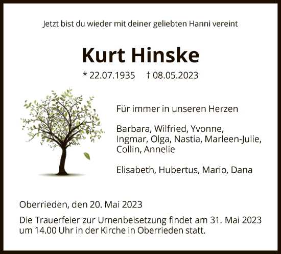 Traueranzeigen Von Kurt Hinske Trauer HNA De