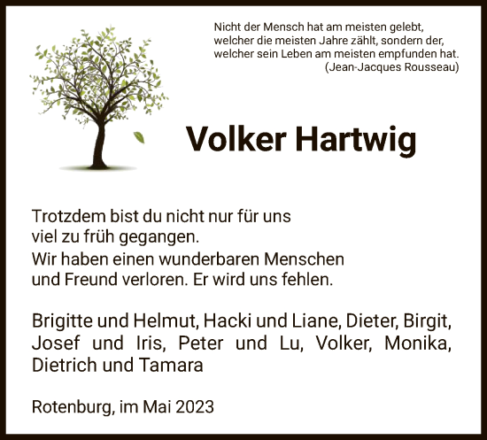 Traueranzeigen Von Volker Hartwig Trauer Hna De