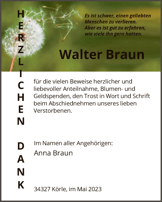 Traueranzeigen Von Walter Braun Trauer HNA De