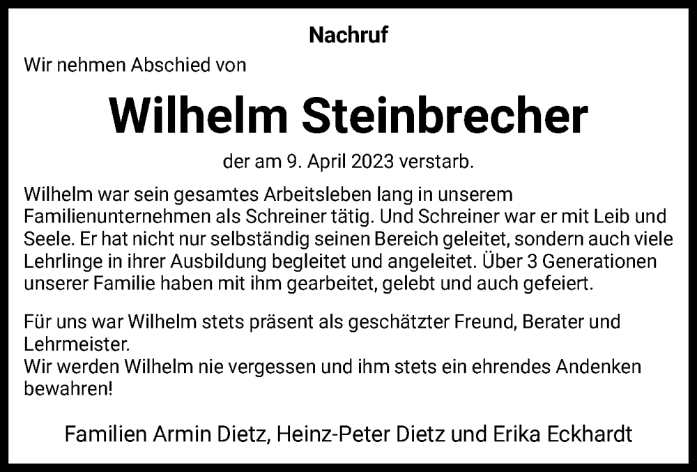 Traueranzeigen Von Wilhelm Steinbrecher Trauer Hna De