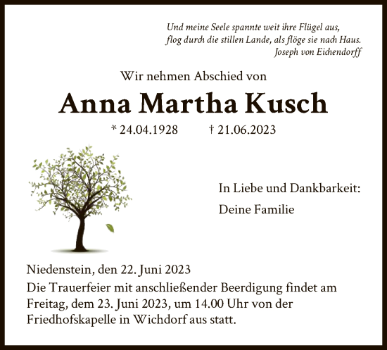 Traueranzeigen Von Anna Martha Kusch Trauer HNA De