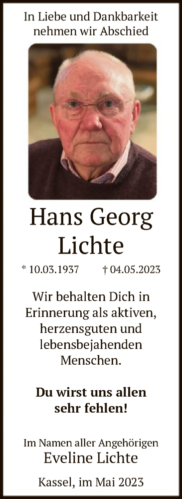 Traueranzeigen Von Hans Georg Lichte Trauer Hna De