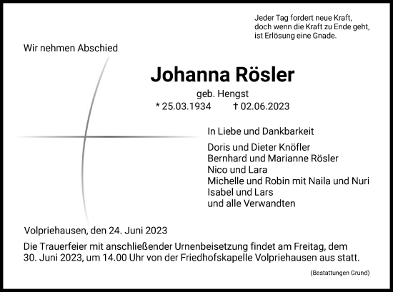 Traueranzeigen Von Johanna R Sler Trauer Hna De