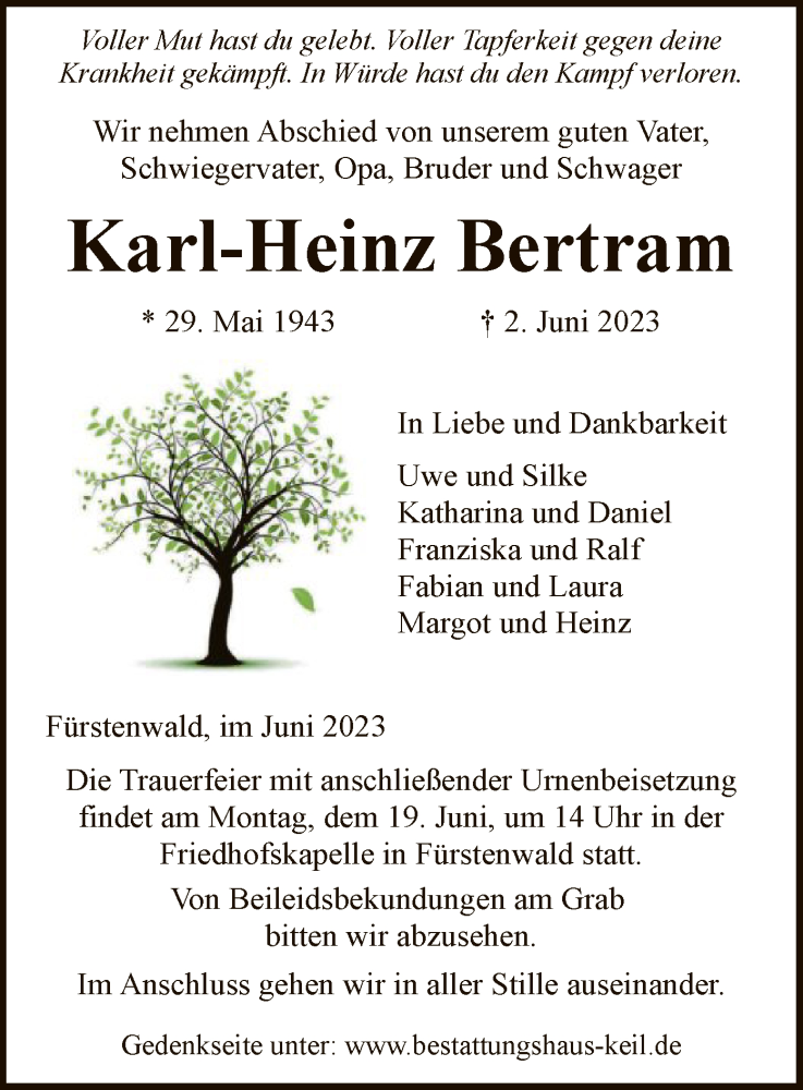 Traueranzeigen Von Karl Heinz Bertram Trauer HNA De