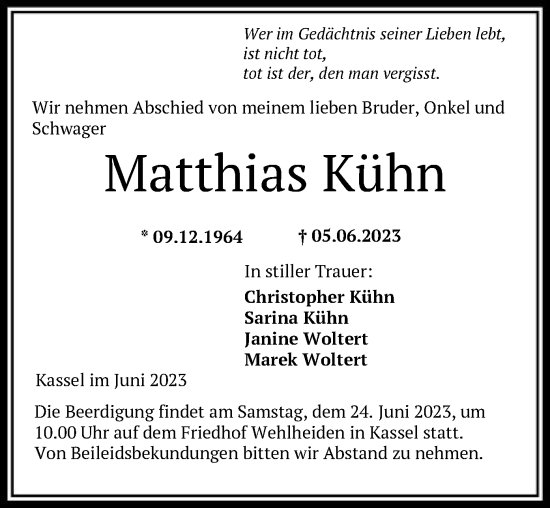 Traueranzeigen von Matthias Kühn Trauer HNA de