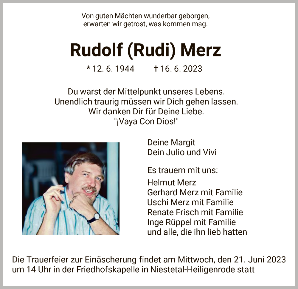 Traueranzeigen Von Rudolf Merz Trauer HNA De