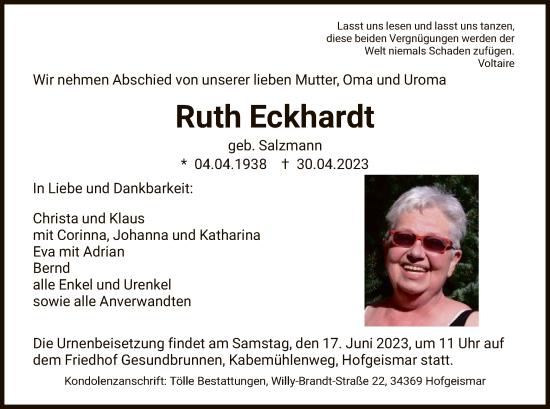 Traueranzeigen Von Ruth Eckhardt Trauer HNA De