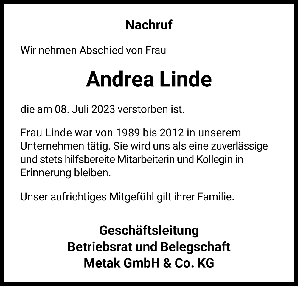 Traueranzeigen Von Andrea Linde Trauer Hna De