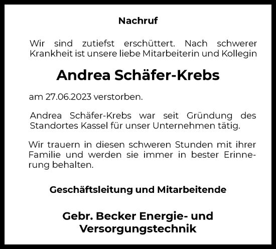 Traueranzeigen von Andrea Schäfer Krebs Trauer HNA de