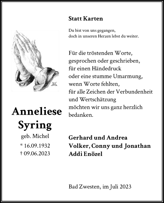 Traueranzeigen Von Anneliese Syring Trauer HNA De