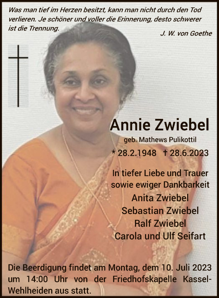 Traueranzeigen Von Annie Zwiebel Trauer Hna De