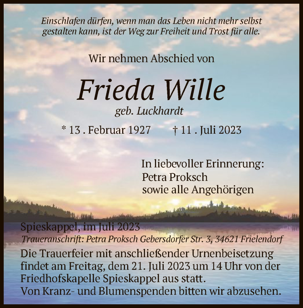 Traueranzeigen Von Frieda Wille Trauer HNA De