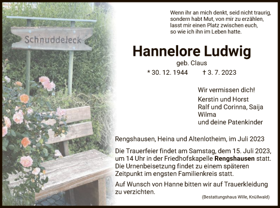 Traueranzeigen Von Hannelore Ludwig Trauer Hna De