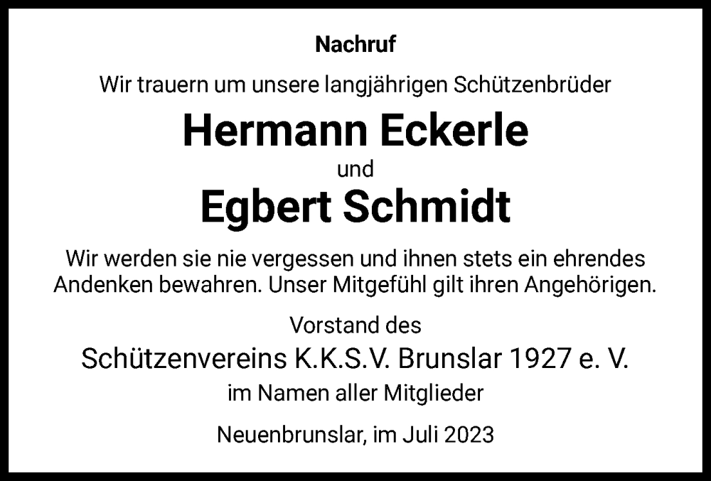 Traueranzeigen Von Hermann Eckerle Und Egbert Schmidt Trauer HNA De