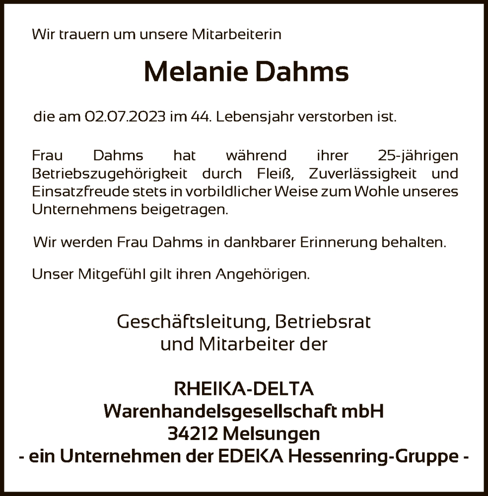 Traueranzeigen Von Melanie Dahms Trauer Hna De