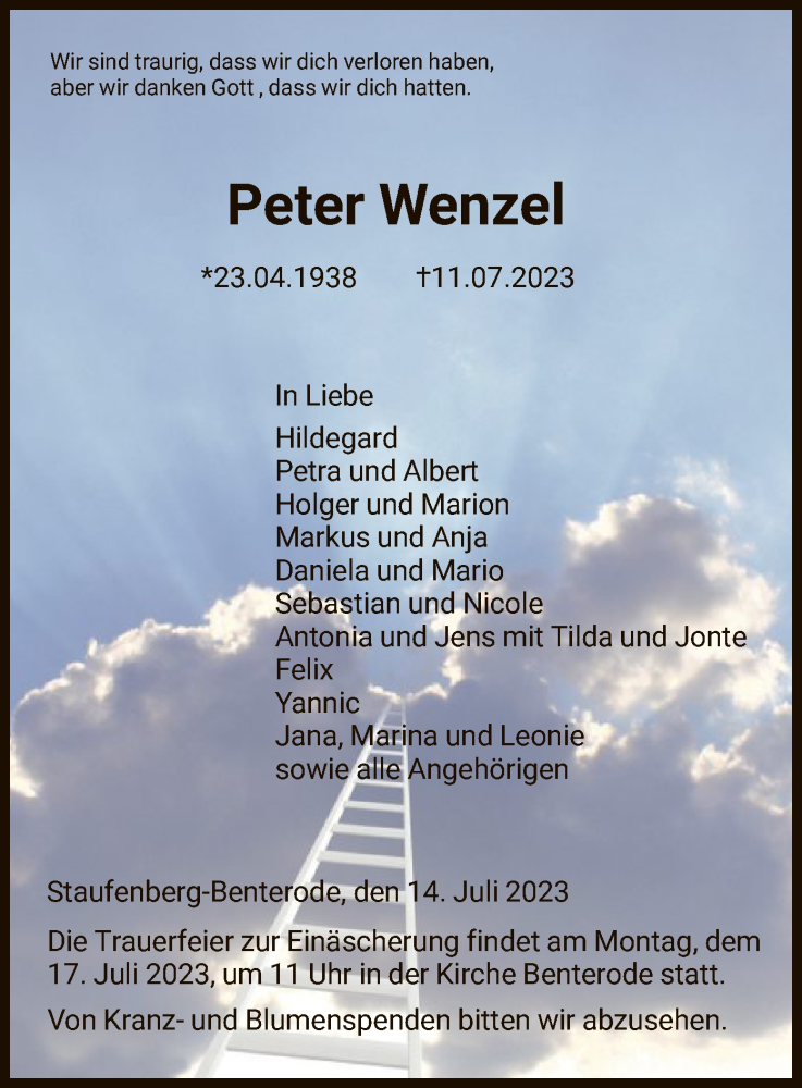 Traueranzeigen Von Peter Wenzel Trauer Hna De