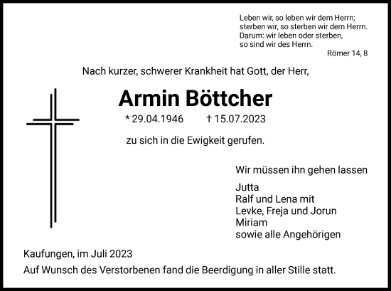 Traueranzeigen Von Armin B Ttcher Trauer Hna De