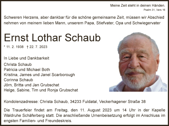 Traueranzeigen Von Ernst Lothar Schaub Trauer HNA De