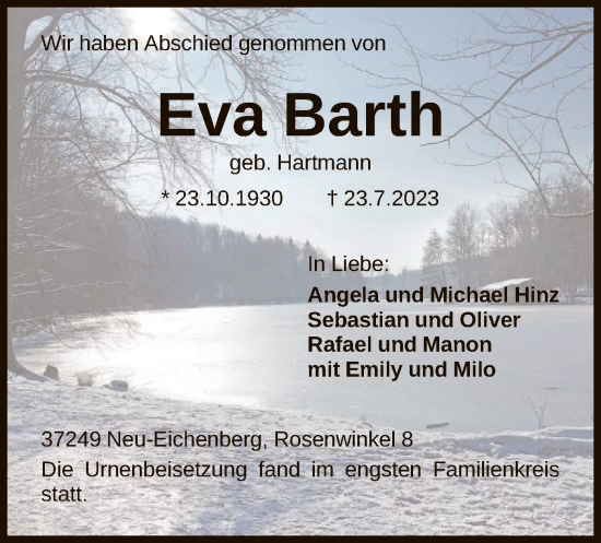 Traueranzeigen Von Eva Barth Trauer Hna De